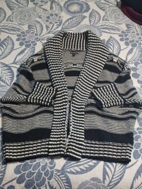 Express Black & White Striped Shawl Knit Cardigan Medium Aztec Native Patterns